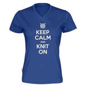 Keep Calm and Knit On v-hals t-skjorte dame kongeblå