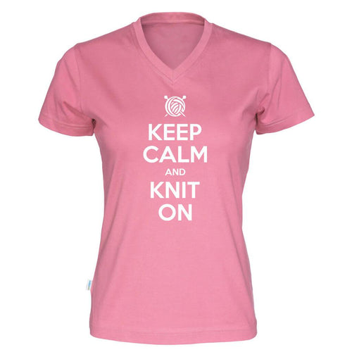 Keep Calm and Knit On v-hals t-skjorte dame rosa