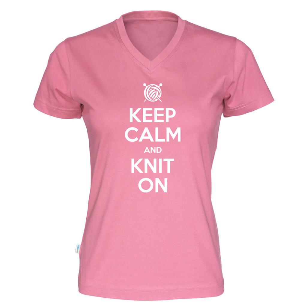 Keep Calm and Knit On v-hals t-skjorte dame rosa