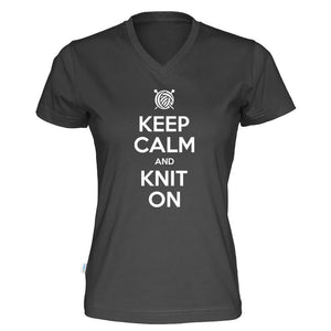 Keep Calm and Knit On v-hals t-skjorte dame sort